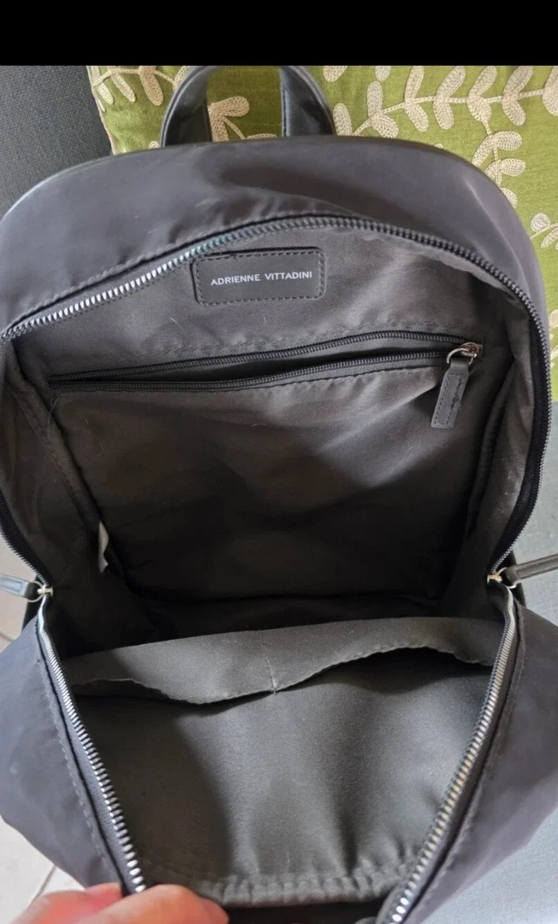 Quilted, Sleek, boxy, Gray Nylon Backpack with Pink-Tan Stripe.